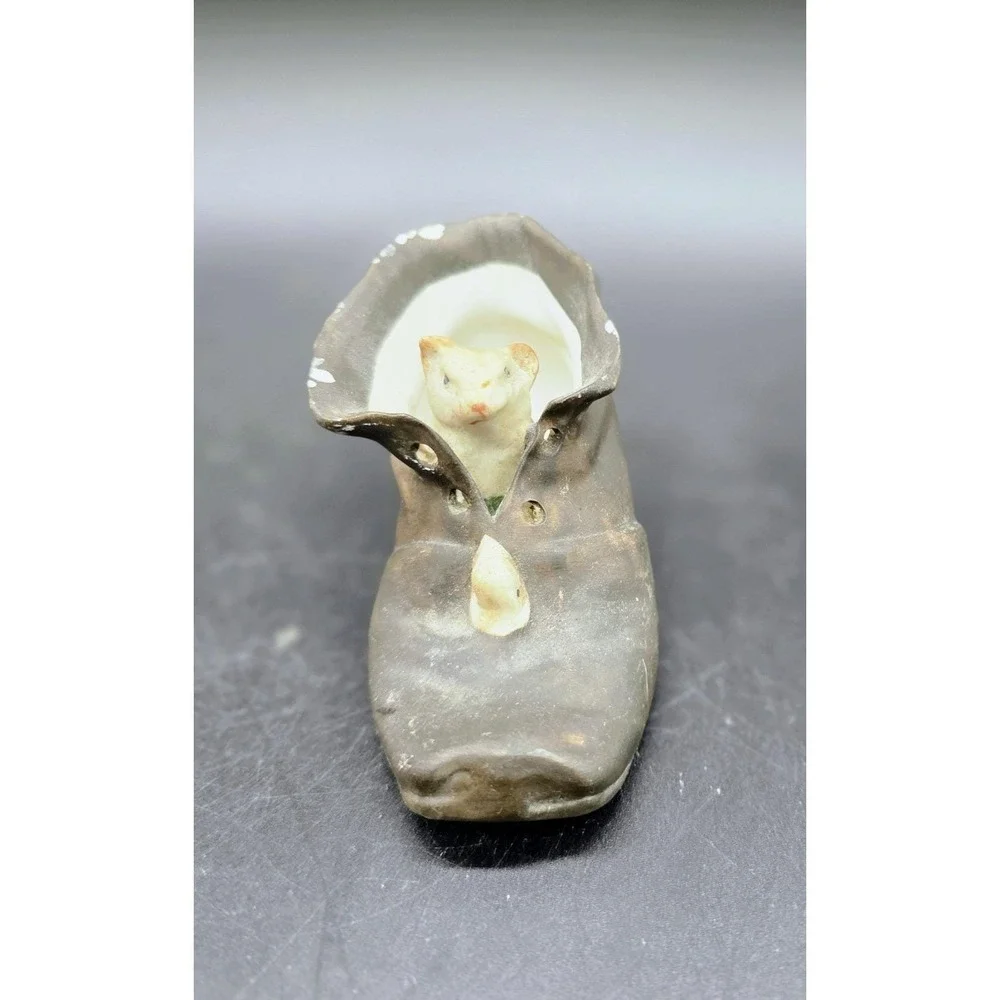 Vintage Toothpick or Match Holder Cat Boot Mice Bisque Ceramic Made in Japan 3